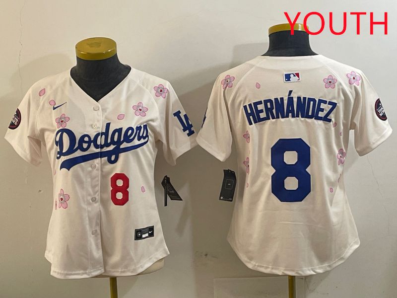 Youth Los Angeles Dodgers 8 Hernandez Cream Sakura Edition 2025 Nike MLB Jersey style 6